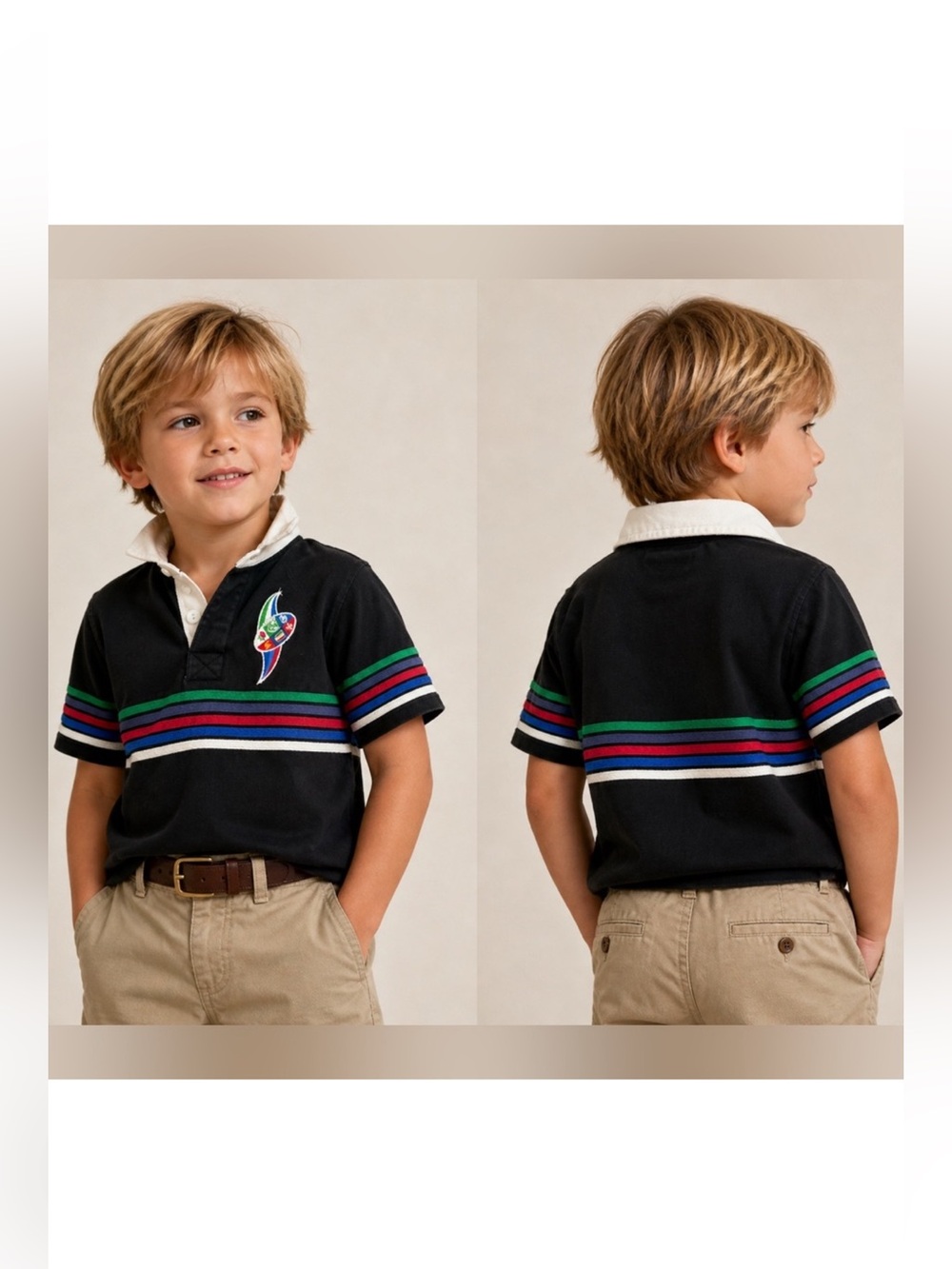 Total Rugby Boys 3/4 Y2K Striped Rugby Polo Shirt Black Multicolor Crest Preppy